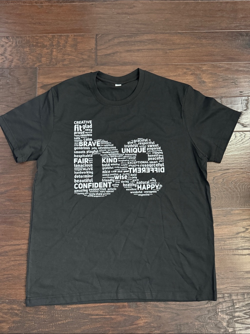 NWOT Women's Black Graphic T-Shirt with Positive Word Art